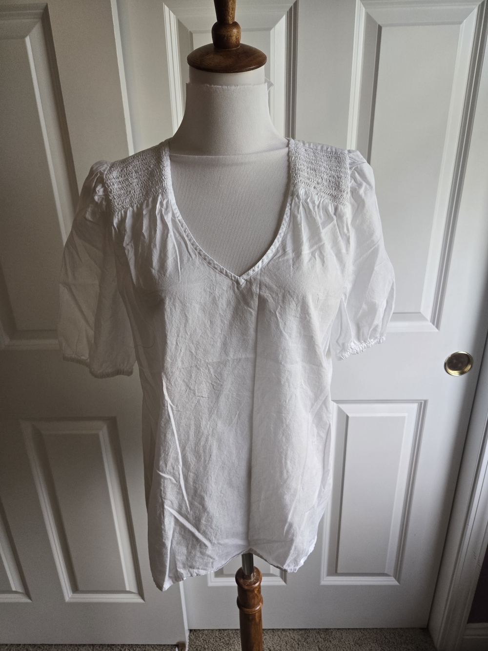 J. Crew White V-Neck Puff Sleeve Smocked Shoulder Top